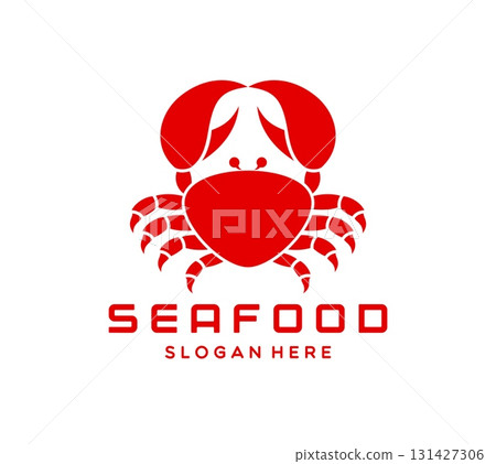 Crab seafood icon, emblem featuring red crab silhouette. Vector cuisine label for branding restaurants, seafood markets or culinary businesses. Minimalist badge with bold typography and sea animal 131427306