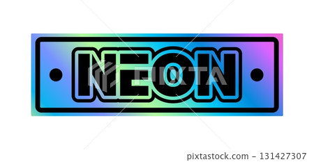 Neon hologram vintage Y2K sticker or symbol. Metallic color iridescent 60s Y2K patch, glossy hologram retro vector tag. Gradient chrome holographic rectangular sticker with graphic black typography 131427307