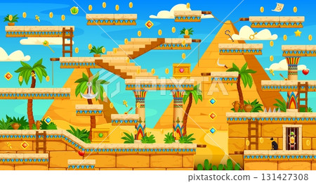 Egyptian Giza pyramids arcade game level map with platforms, ladders, bonus coins, palm trees and obstacles under a blue cloudy sky. Vector Ancient Egypt interactive adventure and exploration game 131427308