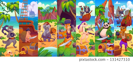 Cartoon animal pirate and corsair characters, ship crew collage. Cute rovers hedgehog, koala, tiger, bunny, , panda, meerkat in a playful adventure on tropical beach with treasure, ships and weapons 131427310