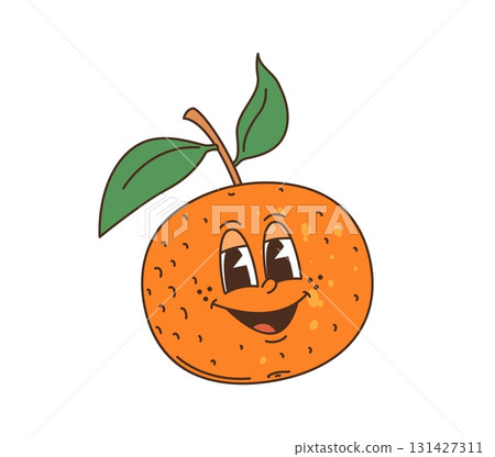 Cartoon groovy Christmas smiling citrus character with shiny eyes, wide smile, cheerful face and leafy stem. Vector orange with happy expression. Funny, tropical fruit personage exudes hippie vibes 131427311