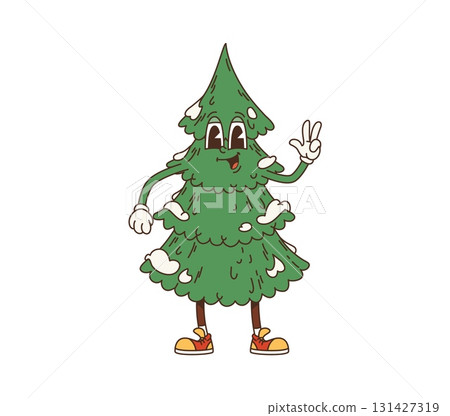 Cartoon groovy Christmas tree character with a cheerful face. Green pine decorated with snow patches, wearing red sneakers and gloves, and making a peace sign gesture, spreading cheer y2k hippie vibes 131427319