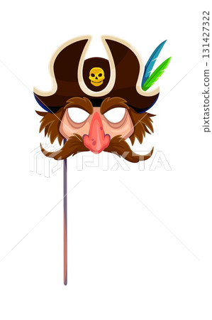Caribbean pirate face in tricorn hat photo booth mask. Buccaneer skipper, Caribbean pirate bandit vector mask. Kids photo booth prop with corsair mustached face, skull, parrot feather on tricorn hat 131427322