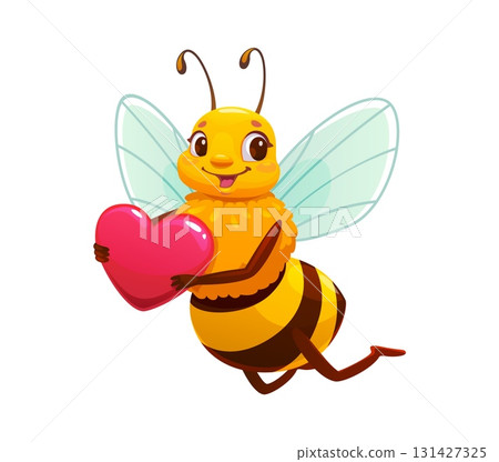 Cartoon cheerful honey bee character holding heart. Cute flying vector apiary mascot with smiling face and blue wings. Happy bumblebee with gift. Personage for beekeeping, love, care and sweet insect 131427325