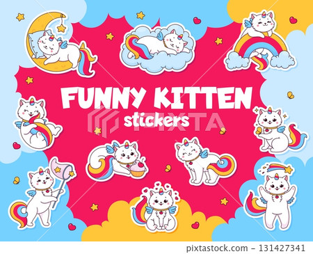 Cartoon cute cat and kitten caticorn stickers pack. Adorable vector set of kawaii fantasy kitten patches with rainbow tails, wings, playful expressions and dreamy poses on clouds, moons, and rainbows 131427341