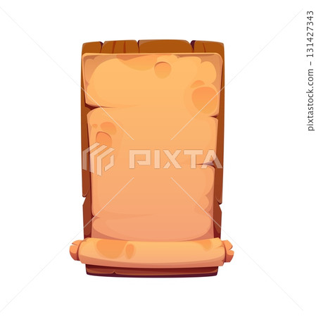 Pirate signboard, frame and heraldry icon. Cartoon vector vertical scroll, old parchment with curled edge hanging on a wooden board. Template for fantasy games, ancient messages or adventure maps 131427343