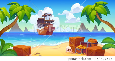 Wooden pirate sail ship in the tropical sea near the treasure island. Cartoon vector adventure game landscape with palm trees, chest full of gold coins, skull, wooden barrels and crates on sandy beach 131427347
