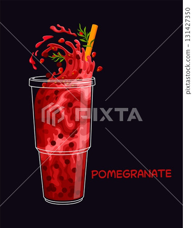 Cartoon pomegranate milk bubble tea glass with bright splashes and fruit. Red drink in transparent plastic cup with splashing wave and juicy seeds. Bright vector refreshing beverage with a straw 131427350