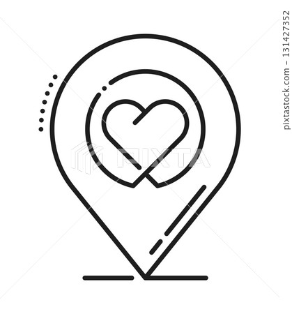 Travel route location point line icon or sign. Navigation outline vector pictogram, location marker thin line sign. Direction pin or point linear icon or symbol with favorite place heart mark 131427352