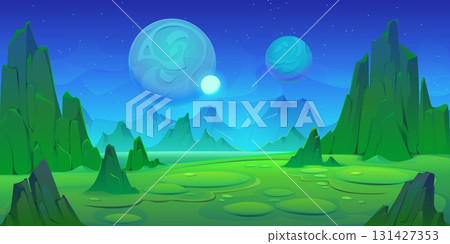 Space green planet landscape vector game background. Cartoon alien galaxy universe world fantasy space planet with green mountains, desert and rock surface, night sky with stars and mist landscape 131427353