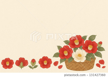Camellia flower series: A bottom-shaped background of camellias in a basket accented with white camellias 131427360