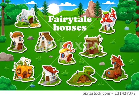 Cartoon fairytale houses and dwellings stickers. Vector patches set of whimsical cottages in a vibrant forest meadow. Mushroom, pumpkin, tree stump, shoe and teapot fantasy homes for game or storybook Cartoon fairytale houses and dwellings stickers. Vector patches set of whimsical cottages in a vibrant forest meadow. Mushroom, pumpkin, tree stump, shoe and teapot fantasy homes for game or storybook 131427372