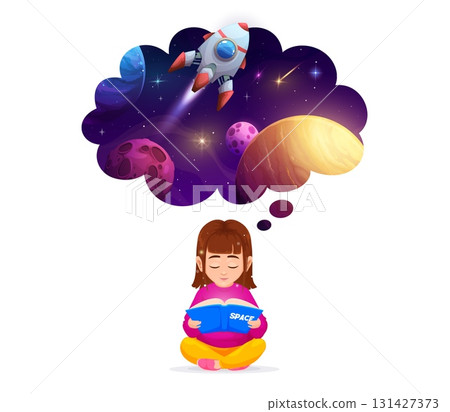 Girl dreaming about space. Cartoon vector young girl character reading a space book, imagining a colorful outer space scene with planets, stars, and a rocket ship inside a dream bubble above her head Girl dreaming about space. Cartoon vector young girl character reading a space book, imagining a colorful outer space scene with planets, stars, and a rocket ship inside a dream bubble above her head 131427373
