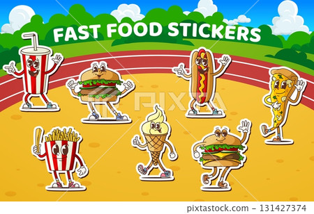 Groovy fast food characters stickers pack. Playful cartoon soda, burgers, hot dog, pizza slice, French fries, and ice cream cone with smiling faces on outdoor background with a racetrack and greenery Groovy fast food characters stickers pack. Playful cartoon soda, burgers, hot dog, pizza slice, French fries, and ice cream cone with smiling faces on outdoor background with a racetrack and greenery 131427374