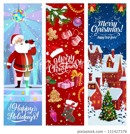 Christmas banners with decorations and Santa character singing. Festive vector vertical Xmas greeting cards with snowy houses, gifts, decorations, mittens, gingerbread, tree and joyful holiday vibes Christmas banners with decorations and Santa character singing. Festive vector vertical Xmas greeting cards with snowy houses, gifts, decorations, mittens, gingerbread, tree and joyful holiday vibes 131427376