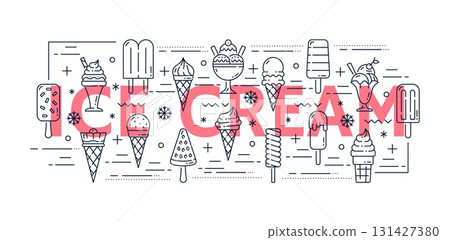 Ice cream line icons, linear signs of icecream wafer cones, scoops, sundaes, and popsicles. Vector background with variety of sweet summer dessert, minimalistic stroke symbols in pink, black and white Ice cream line icons, linear signs of icecream wafer cones, scoops, sundaes, and popsicles. Vector background with variety of sweet summer dessert, minimalistic stroke symbols in pink, black and white 131427380