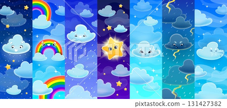 Cartoon weather characters collage. Vector set of cute cartoon patterns with playful smiling clouds, rainbows, lightning, raindrops, stars, and wind. Sky themed strip shows a different weather mood Cartoon weather characters collage. Vector set of cute cartoon patterns with playful smiling clouds, rainbows, lightning, raindrops, stars, and wind. Sky themed strip shows a different weather mood 131427382