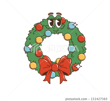 Cartoon groovy Christmas wreath character with funny character face, baubles, sparkles and a big red bow. Isolated vector joyful xmas ornament. Festive holiday decoration, smiling retro personage Cartoon groovy Christmas wreath character with funny character face, baubles, sparkles and a big red bow. Isolated vector joyful xmas ornament. Festive holiday decoration, smiling retro personage 131427383
