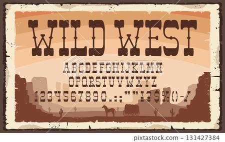 Wild west cowboy sheriff font, rodeo typeface, western type, alphabet. Vector retro uppercase typeset characters on vintage desert background with letters, wagon, horse, cactus and old paper texture Wild west cowboy sheriff font, rodeo typeface, western type, alphabet. Vector retro uppercase typeset characters on vintage desert background with letters, wagon, horse, cactus and old paper texture 131427384