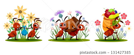 Cartoon ant characters are working together in a summer flower filled field, carrying food, leaves and giant fruit. Cheerful vector scene showcases insect teamwork, nature and playful determination Cartoon ant characters are working together in a summer flower filled field, carrying food, leaves and giant fruit. Cheerful vector scene showcases insect teamwork, nature and playful determination 131427385