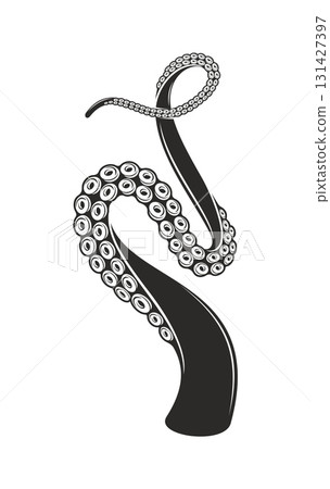 Octopus tentacles tattoo. Kraken or squid monster black and white arm curling upward with suction cups. Vector marine creature feeler wraps in swirling pattern, suggesting strength, fluidity, mystery Octopus tentacles tattoo. Kraken or squid monster black and white arm curling upward with suction cups. Vector marine creature feeler wraps in swirling pattern, suggesting strength, fluidity, mystery 131427397