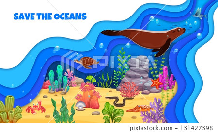 Save the ocean paper cut banner with cartoon sea animals in deep underwater landscape. 3d vector environmental conservation and World ocean day awareness with seal, fish, crab, and turtle on seafloor Save the ocean paper cut banner with cartoon sea animals in deep underwater landscape. 3d vector environmental conservation and World ocean day awareness with seal, fish, crab, and turtle on seafloor 131427398