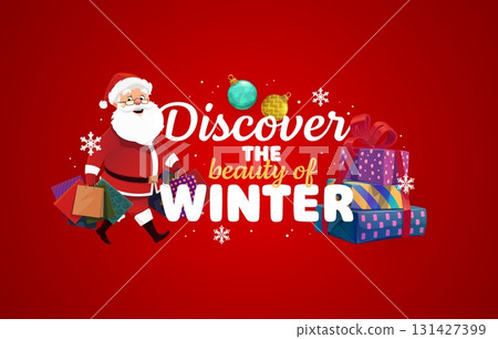 Christmas quote discover the beauty of winter. Vector festive red winter banner with cheerful Santa carrying shopping bags, surrounded by snowflakes, gifts and baubles, Includes bold, playful message 131427399