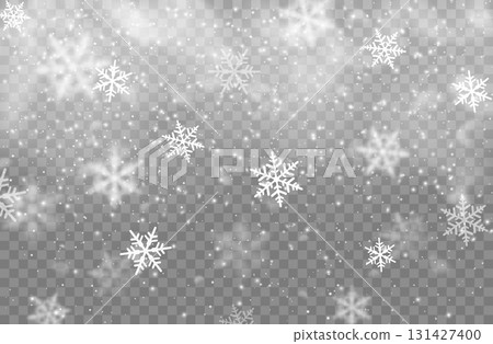 Realistic Christmas snowflakes and holiday snow background, snowfall overlay effect, winter backdrop. Isolated vector falling ice crystals descending from the sky. Tranquil wintertime magic layout 131427400