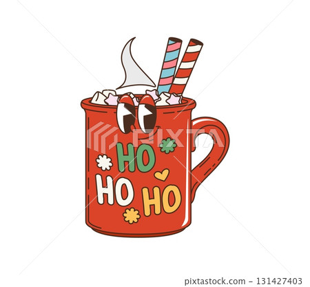 Retro cartoon groovy Christmas mug character. Red cup decorated with ho ho ho text, flowers and hearts, filled with hot chocolate, whipped cream, marshmallows and striped candy canes enjoying holiday Retro cartoon groovy Christmas mug character. Red cup decorated with ho ho ho text, flowers and hearts, filled with hot chocolate, whipped cream, marshmallows and striped candy canes enjoying holiday 131427403