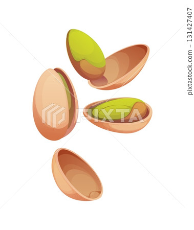 Cartoon raw ripe pistachio nuts with green kernels and cracked brown shells. Vector exotic seeds, healthy snack and organic ingredient for diet, vegan food and tropical plant seeds cooking process Cartoon raw ripe pistachio nuts with green kernels and cracked brown shells. Vector exotic seeds, healthy snack and organic ingredient for diet, vegan food and tropical plant seeds cooking process 131427407