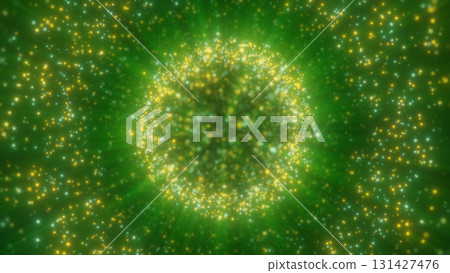 A vibrant green and yellow particle swirl creates a stunning energy effect, set against a cosmic background 131427476