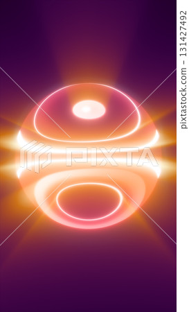 Bright, glowing abstract sphere with radiant rings of light against a purple and orange gradient background Bright, glowing abstract sphere with radiant rings of light against a purple and orange gradient background 131427492
