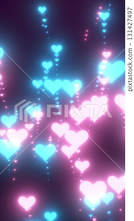 Glowing neon pink and blue hearts floating in a dreamy digital background of light and love Glowing neon pink and blue hearts floating in a dreamy digital background of light and love 131427497