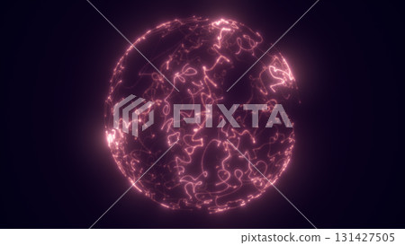 Abstract glowing pink neon sphere with chaotic flowing energy lines on dark background 131427505
