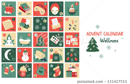Template Advent Calendar Wellness. Countdown Christmas. Xmas Numbers set. Caring for yourself, relaxation, preparation for New Year Traditional symbol. Vector flat illustration. Not AI.. 131427553