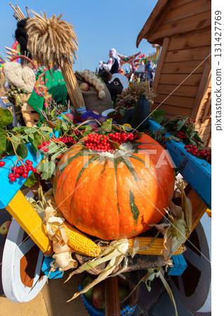 At the fair, a large yellow pumpkin with bunches of viburnum and ears of corn. The concept of a rich autumn harvest. 131427769