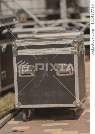 Case boxes for musical equipment. Professional stage equipment is packed in special boxes. 131427789