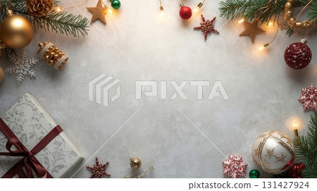 Christmas Background with Gift Box, Baubles, Pine Branches, Snowflakes, and Festive Lights for Holiday Design Christmas Background with Gift Box, Baubles, Pine Branches, Snowflakes, and Festive Lights for Holiday Design 131427924