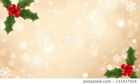 Festive Christmas Holly Leaves and Red Berries with Snowflakes on Golden Bokeh Background for Holiday Design Festive Christmas Holly Leaves and Red Berries with Snowflakes on Golden Bokeh Background for Holiday Design 131427926
