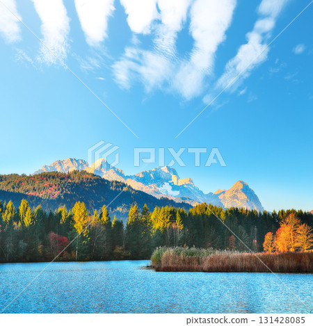 Fabulous view of Wagenbruchsee (Geroldsee) lake with Wetterstein mountain range on background. Fabulous view of Wagenbruchsee (Geroldsee) lake with Wetterstein mountain range on background. 131428085