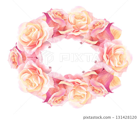 Wreath of rosebuds. Watercolor handmade illustration. For packaging design, cards, cover, prints, product labels and fabric. 131428120