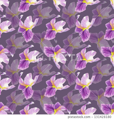 Seamless pattern of irises. Watercolor handmade illustration. For packaging design, cards, cover, prints, product labels and fabric. Seamless pattern of irises. Watercolor handmade illustration. For packaging design, cards, cover, prints, product labels and fabric. 131428180