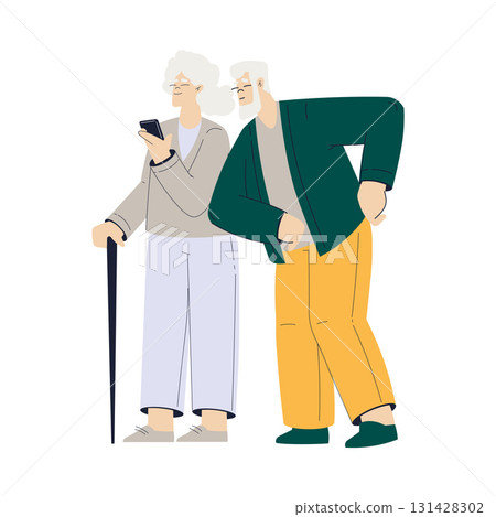 Old Man and Woman Character with Smartphone Use Internet and Modern Gadget Vector Illustration Old Man and Woman Character with Smartphone Use Internet and Modern Gadget Vector Illustration 131428302