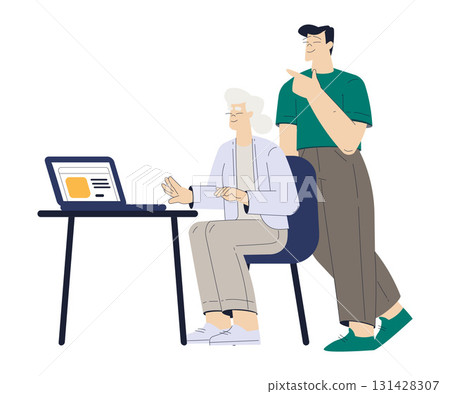 Old Woman Character at Tablet with Son Use Internet and Modern Gadget Vector Illustration Old Woman Character at Tablet with Son Use Internet and Modern Gadget Vector Illustration 131428307
