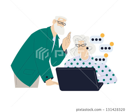Old Man and Woman Character at Laptop Use Internet and Modern Gadget Vector Illustration 131428320