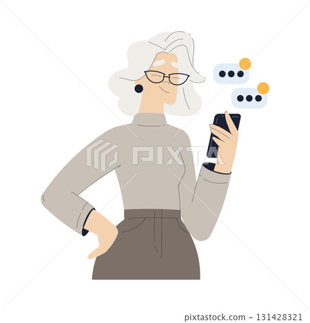 Old Woman Character Chat in Smartphone Use Internet and Modern Gadget Vector Illustration 131428321