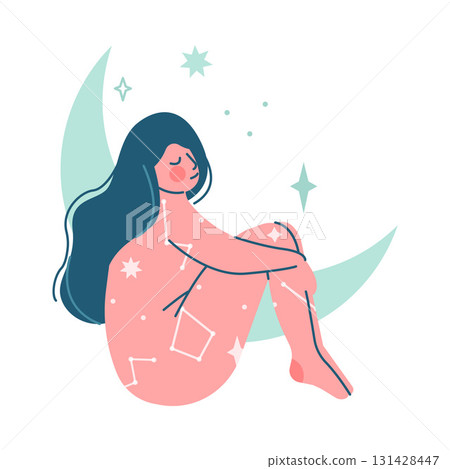 Mystic with Woman Character with Esoteric Astrological Sign Vector Illustration 131428447