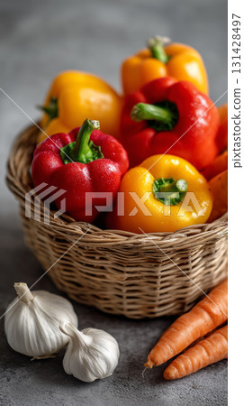 Fresh Colorful Vegetables in a Wicker Basket on a Solid Background 131428497