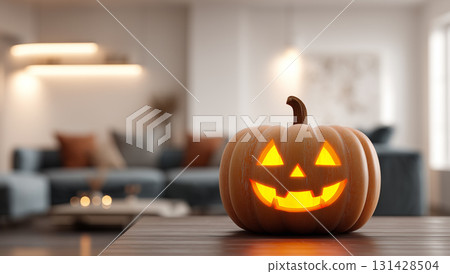 Brightly lit pumpkin decoration in a cozy indoor setting during Halloween 131428504
