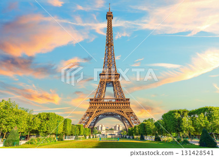 Beautiful sunset view of Eiffel Tower from Field of Mars, Symbol of Paris, France 131428541